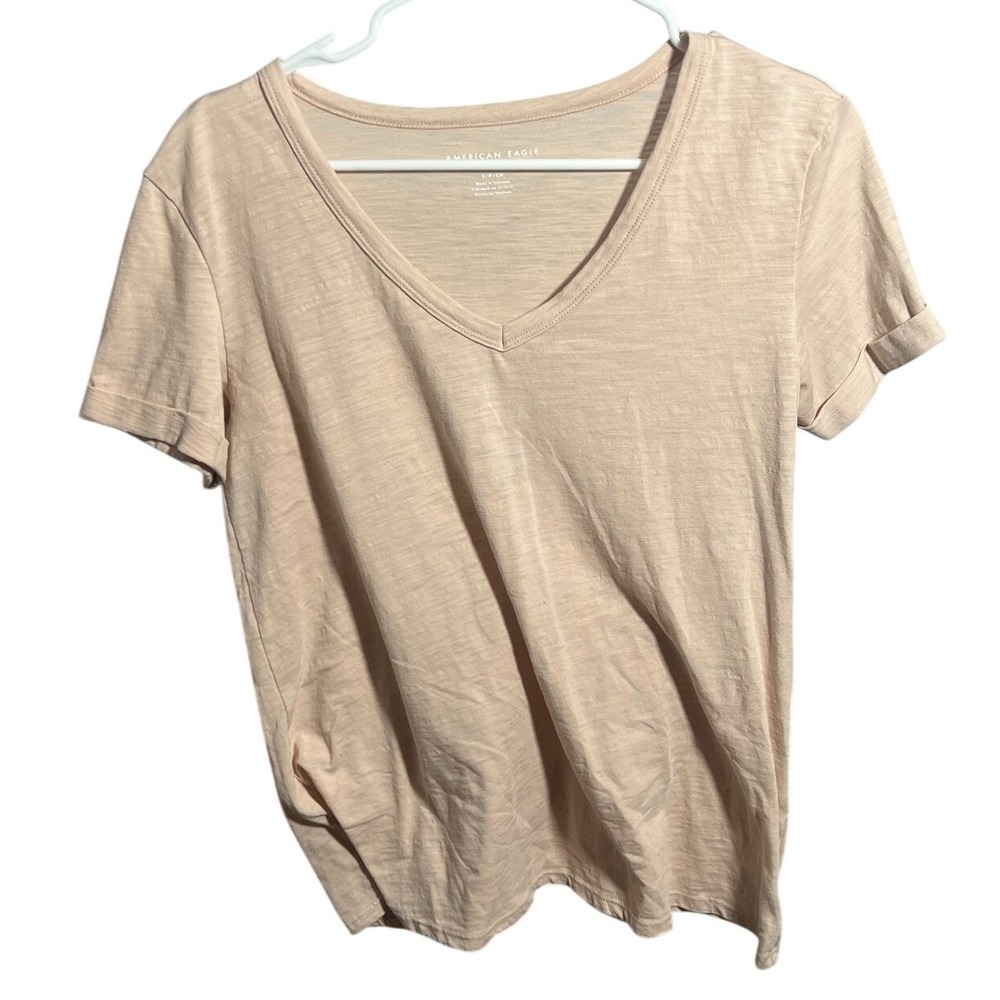 American‎ Eagle Women's S/P Small Light Pink V-Neck Cuffed Sleeve T-Shirt Top